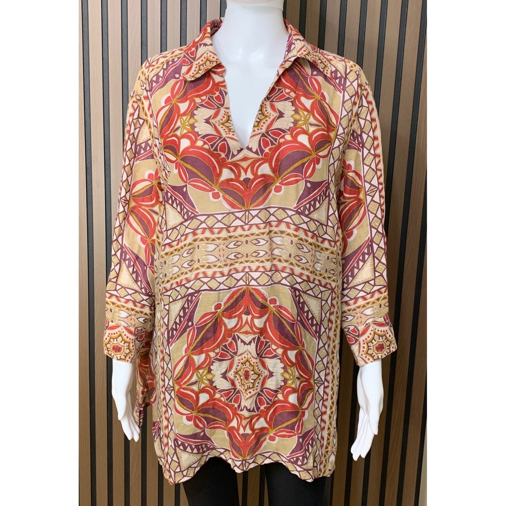 Talbots Women's Silk Blend Geometric Mandala Print Tunic Blouse Red Purple 18W